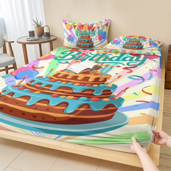 Cal.King Size Fitted Sheet Set - Happy Birthday 3 Piece Bedding Sets 16" Deep Pocket Fitted Sheet with 2 Pillowcases, Colorful Balloon Ribbon Cake Brushed Microfiber Hotel Luxury Bed Sheets