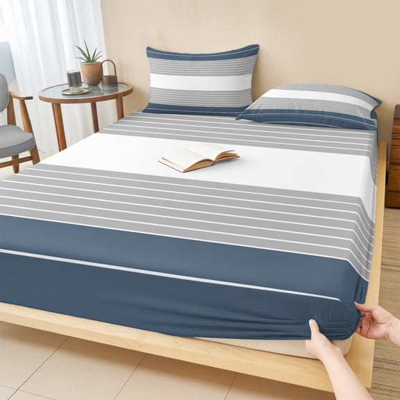 Cal.King Size Fitted Sheet Set - Haze Blue Grey Stripe 3 Piece Bedding Sets 16" Deep Pocket Fitted Sheet with 2 Pillowcases, Modern Art Horizontal Striped Brushed Microfiber Hotel Luxury Bed Sheets