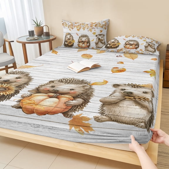Cal.King Size Fitted Sheet Set - Hedgehog Fall 3 Piece Bedding Sets 16" Deep Pocket Fitted Sheet with 2 Pillowcases, Thanksgiving Pumpkins Maple Leaf Wooden Brushed Microfiber Hotel Luxury Bed Sheets