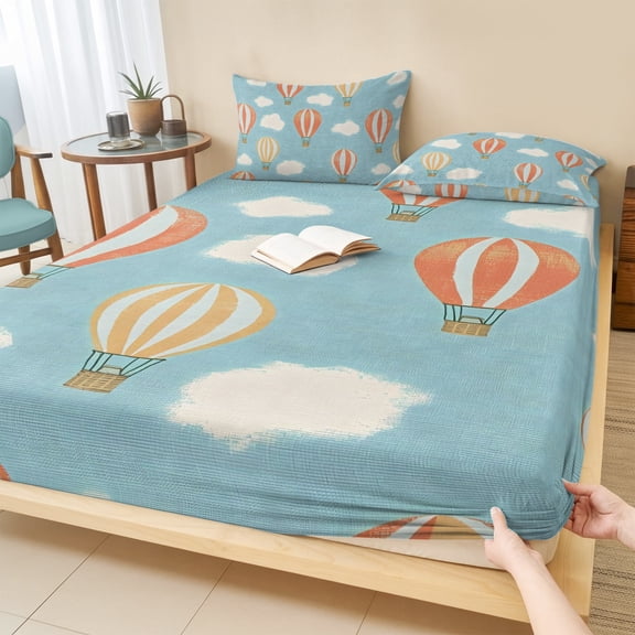 Cal.King Size Fitted Sheet Set - Hot Air Balloon 3 Piece Bedding Sets 16" Deep Pocket Fitted Sheet with 2 Pillowcases, Vintage Sky Clouds Rustic Pastoral Brushed Microfiber Hotel Luxury Bed Sheets