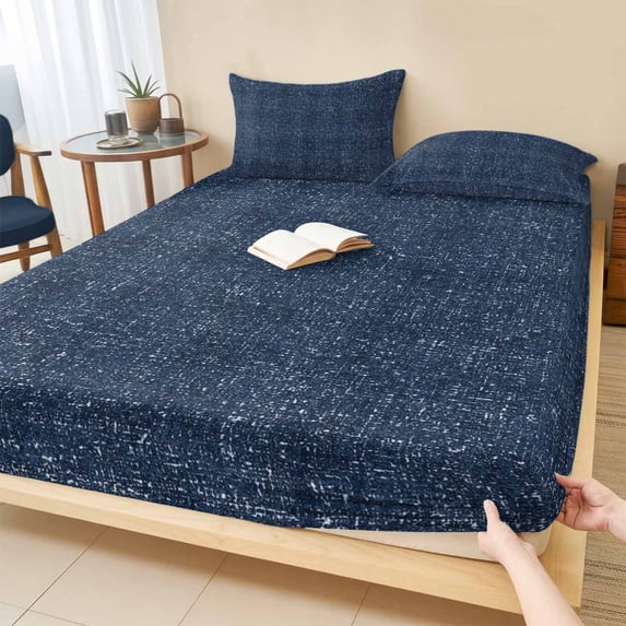Cal.King Size Fitted Sheet Set - Indigo Blue 3 Piece Bedding Sets 16" Deep Pocket Fitted Sheet with 2 Pillowcases, Farmhouse Vintage Blue Solid Color Brushed Microfiber Hotel Luxury Bed Sheets