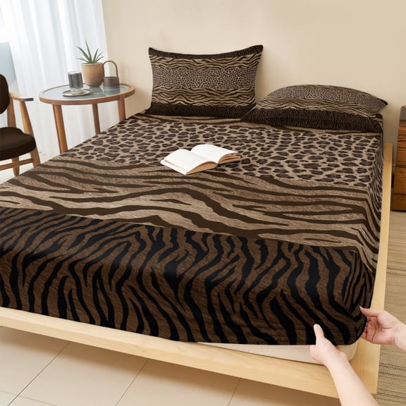 Cal.King Size Fitted Sheet Set - Leopard Zebra Print 3 Piece Bedding Sets 16" Deep Pocket Fitted Sheet with 2 Pillowcases, Vintage Animal Skin Striped Brown Brushed Microfiber Hotel Luxury Bed Sheets