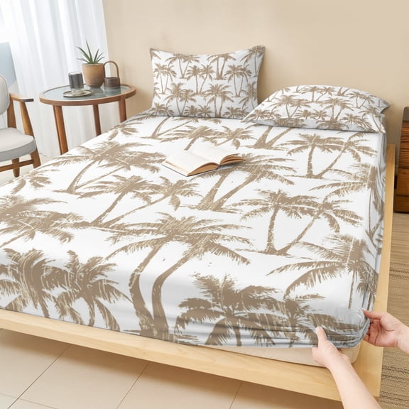 Cal.King Size Fitted Sheet Set - Light Brown Palm Tree 3 Piece Bedding Sets 16" Deep Pocket Fitted Sheet with 2 Pillowcases, Summer Tropical Tree Coastal Beach Brushed Microfiber Hotel Bed Sheets