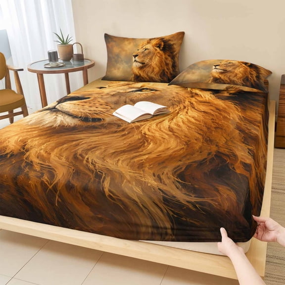 Cal.King Size Fitted Sheet Set - Lion 3 Piece Bedding Sets 16" Deep Pocket Fitted Sheet with 2 Pillowcases, Wild Tropical Wildlife Majestic Jungle King Brushed Microfiber Hotel Luxury Bed Sheets