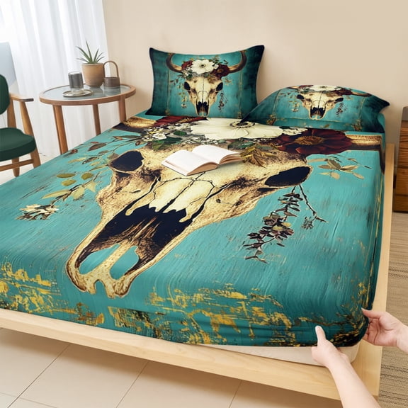 Cal.King Size Fitted Sheet Set - Longhorn Skull 3 Piece Bedding Sets 16" Deep Pocket Fitted Sheet with 2 Pillowcases, Gothicism Roses Florals Teal Oil Painted Brushed Microfiber Hotel Bed Sheets