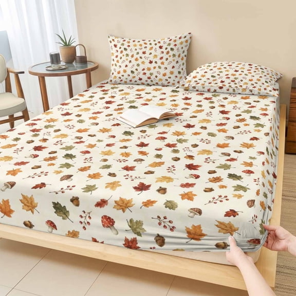 Cal.King Size Fitted Sheet Set - Maple Leaves Fall 3 Piece Bedding Sets 16" Deep Pocket Fitted Sheet with 2 Pillowcases, Autumn Ditsy Botanical Thanksgiving Brushed Microfiber Hotel Luxury Bed Sheets