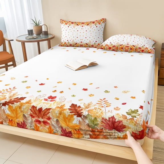 Cal.King Size Fitted Sheet Set - Maple Leaves Fall 3 Piece Bedding Sets 16" Deep Pocket Fitted Sheet with 2 Pillowcases, Thanksgiving Autumn Farmhouse Brushed Microfiber Hotel Luxury Bed Sheets