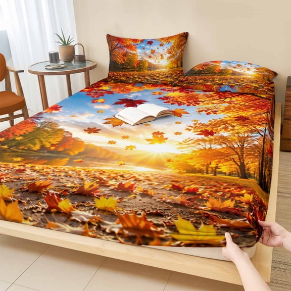 Cal.King Size Fitted Sheet Set - Maple Trees Fall 3 Piece Bedding Sets 16" Deep Pocket Fitted Sheet with 2 Pillowcases, Thanksgiving Weeping Leaves Autumn Brushed Microfiber Hotel Luxury Bed Sheets