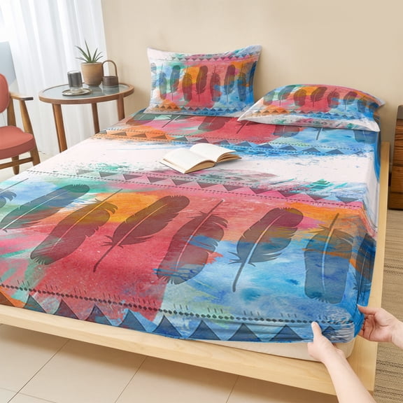 Cal.King Size Fitted Sheet Set - Medi-eval Feather, 3 Piece Bedding Sets 16" Deep Pocket Fitted Sheet with 2 Pillowcases, Bohemia Abstract Geometric Shabby Chic Art Microfiber Hotel Bed Sheets