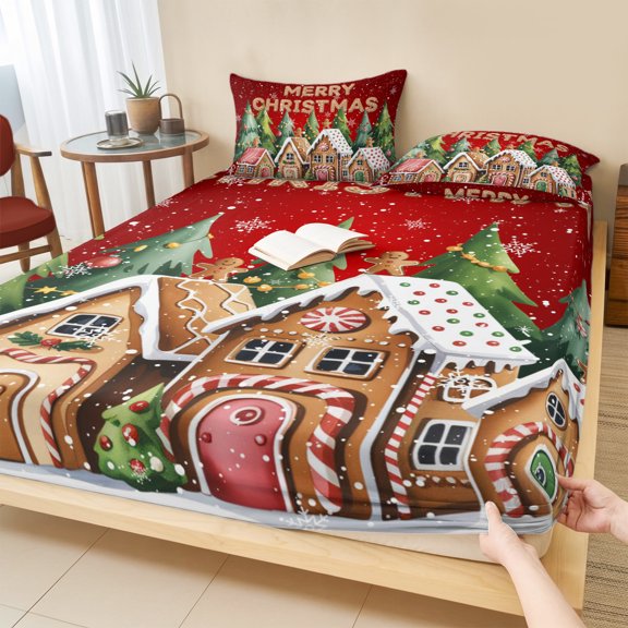 Cal.King Size Fitted Sheet Set - Merry Christmas 3 Piece Bedding Sets 16" Deep Pocket Fitted Sheet with 2 Pillowcases, Winter Trees Xmas Snowflake Gingerbread Brushed Microfiber Hotel Bed Sheets