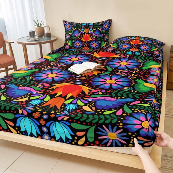 Cal.King Size Fitted Sheet Set - Mexican Flower 3 Piece Bedding Sets 16" Deep Pocket Fitted Sheet with 2 Pillowcases, Abstract Colorful Floral Leaf Plant Brushed Microfiber Hotel Luxury Bed Sheets