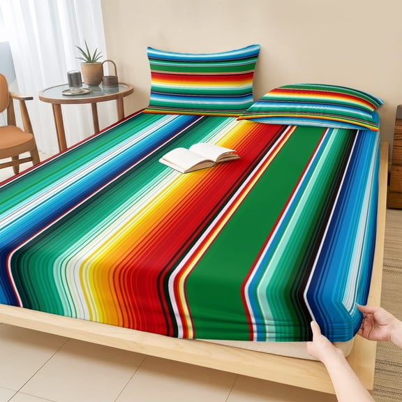 Cal.King Size Fitted Sheet Set - Mexican Stripes 3 Piece Bedding Sets 16" Deep Pocket Fitted Sheet with 2 Pillowcases, Colorful Striped Mexican Fiesta Theme Brushed Microfiber Hotel Luxury Bed Sheets