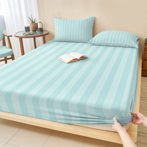 Cal.King Size Fitted Sheet Set - Mint Green Stripes 3 Piece Bedding Sets 16" Deep Pocket Fitted Sheet with 2 Pillowcases, Modern Vertical Lines Geometric Minimalist Microfiber Hotel Bed Sheets