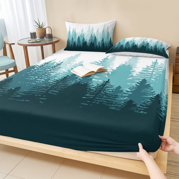 Cal.King Size Fitted Sheet Set - Modern Forest Aqua, 3 Piece Bedding Sets 16" Deep Pocket Fitted Sheet with 2 Pillowcases, Gradient Aesthetics Modern Color Decor Brushed Microfiber Hotel Bed Sheets