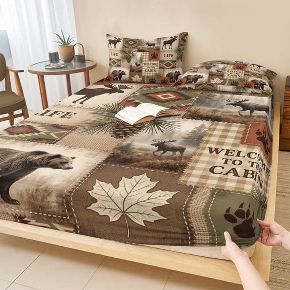 Cal.King Size Fitted Sheet Set - Moose Bear 3 Piece Bedding Sets 16" Deep Pocket Fitted Sheet with 2 Pillowcases, Forest Wildlife Pinecone Branch Rustic Country Brushed Microfiber Hotel Bed Sheets
