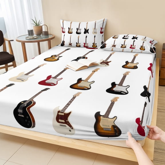 Cal.King Size Fitted Sheet Set - Music 3 Piece Bedding Sets 16" Deep Pocket Fitted Sheet with 2 Pillowcases, Red Beige Guitar Modern Art Brushed Microfiber Hotel Luxury Bed Sheets