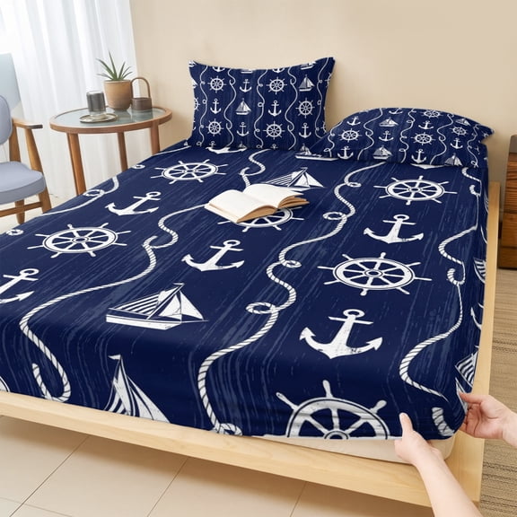 Cal.King Size Fitted Sheet Set - Nautical Anchor 3 Piece Bedding Sets 16" Deep Pocket Fitted Sheet with 2 Pillowcases, Navy Blue Sailboat Rudder Ocean Vintage Brushed Microfiber Hotel Bed Sheets