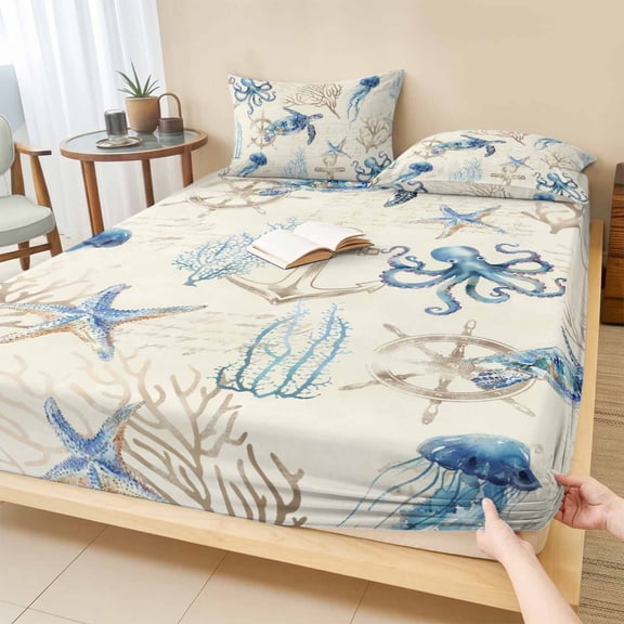 Cal.King Size Fitted Sheet Set - Nautical Coastal 3 Piece Bedding Sets 16" Deep Pocket Fitted Sheet with 2 Pillowcases, Vintage Beach Octopus Turtle Jellyfish Brushed Microfiber Hotel Bed Sheets