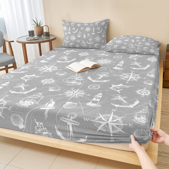 Cal.King Size Fitted Sheet Set - Nautical Grey 3 Piece Bedding Sets 16" Deep Pocket Fitted Sheet with 2 Pillowcases, Retro Sailing Boat Map Anchor Rudder Brushed Microfiber Hotel Luxury Bed Sheets