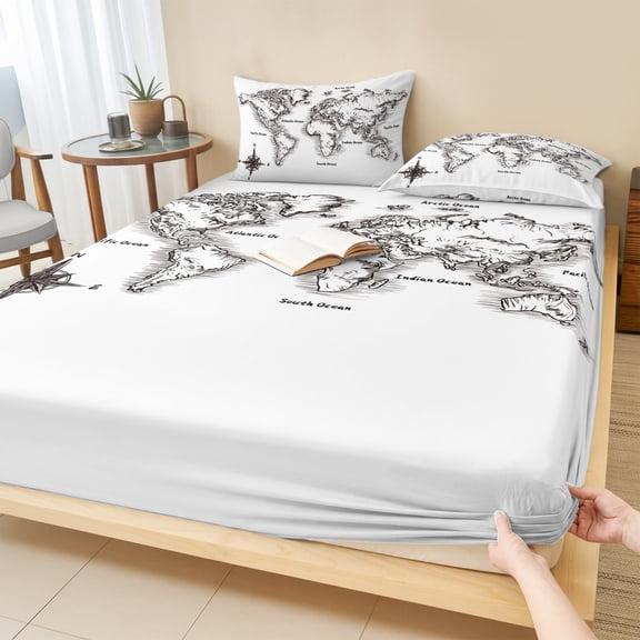 Cal.King Size Fitted Sheet Set - Nautical Map 3 Piece Bedding Sets 16" Deep Pocket Fitted Sheet with 2 Pillowcases, Coastal Vintage Ocean Map Compass Brushed Microfiber Hotel Luxury Bed Sheets