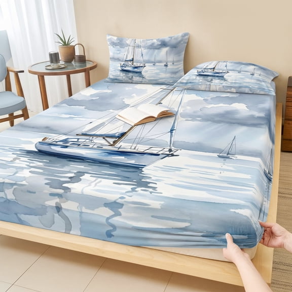 Cal.King Size Fitted Sheet Set - Nautical Sailboat 3 Piece Bedding Sets 16" Deep Pocket Fitted Sheet with 2 Pillowcases, Blue Grey Watercolor Coastal Waves Cloud Brushed Microfiber Hotel Bed Sheets