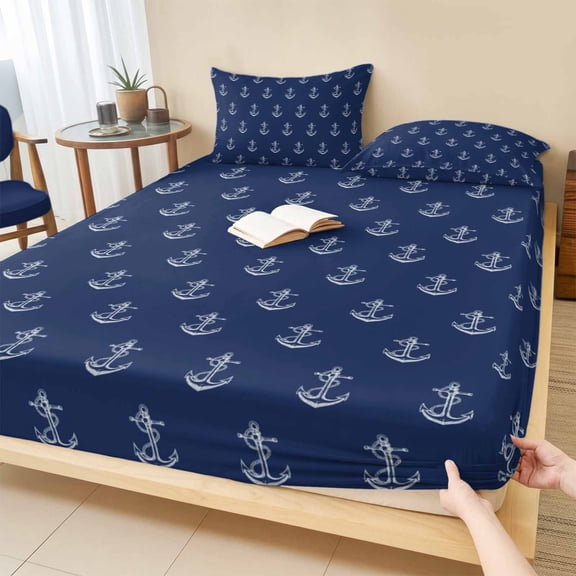 Cal.King Size Fitted Sheet Set - Navy Blue Anchor 3 Piece Bedding Sets 16" Deep Pocket Fitted Sheet with 2 Pillowcases, Nautical Coastal Summer Ocean Ship Brushed Microfiber Hotel Luxury Bed Sheets