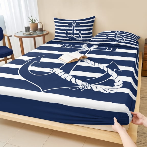 Cal.King Size Fitted Sheet Set - Navy Blue Anchor Nautical 3 Piece Bedding Sets 16" Deep Pocket Fitted Sheet with 2 Pillowcases, Navy Blue Striped Farmhouse Brushed Microfiber Hotel Luxury Bed Sheets