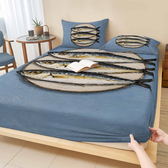 Cal.King Size Fitted Sheet Set - Navy Blue Fish Coastal 3 Piece Bedding Sets 16" Deep Pocket Fitted Sheet with 2 Pillowcases, Nautical Vintage Summer Ocean Brushed Microfiber Hotel Luxury Bed Sheets