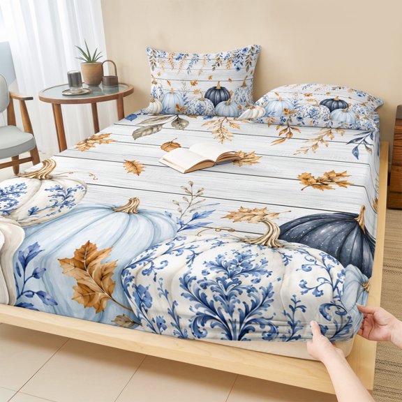 Cal.King Size Fitted Sheet Set - Navy Blue Pumpkins Fall 3 Piece Bedding Sets 16" Deep Pocket Fitted Sheet with 2 Pillowcases, Thanksgiving Botanical Leaf Wood Brushed Microfiber Hotel Bed Sheets