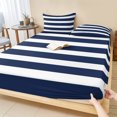 thumbnail image 1 of Cal.King Size Fitted Sheet Set - Navy Blue Stripe 3 Piece Bedding Sets 16" Deep Pocket Fitted Sheet with 2 Pillowcases, Modern Simple Geometric White Striped Brushed Microfiber Hotel Bed Sheets, 1 of 9