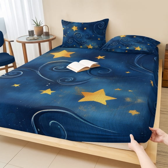 Cal.King Size Fitted Sheet Set - Navy Blue Yellow Star Retro 3 Piece Bedding Sets 16" Deep Pocket Fitted Sheet with 2 Pillowcases, Starry Sky Vintage Brushed Microfiber Hotel Luxury Bed Sheets