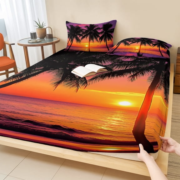 Cal.King Size Fitted Sheet Set - Ocean Coconut 3 Piece Bedding Sets 16" Deep Pocket Fitted Sheet with 2 Pillowcases, Modern Beach Sunset Seashore Tropical Brushed Microfiber Hotel Luxury Bed Sheets
