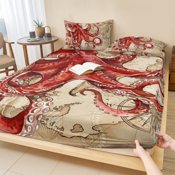 Cal.King Size Fitted Sheet Set - Ocean Red Octopus 3 Piece Bedding Sets 16" Deep Pocket Fitted Sheet with 2 Pillowcases, Coastal Anchor Sea Boat Retro World Map Brushed Microfiber Hotel Bed Sheets