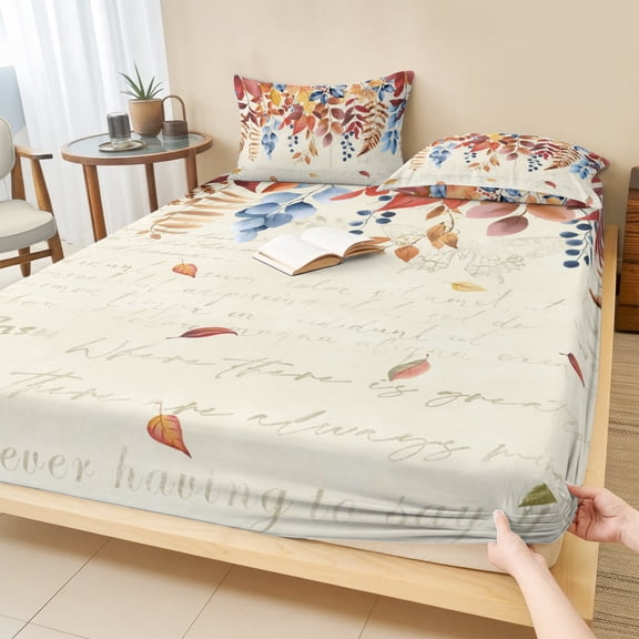 Cal.King Size Fitted Sheet Set - Orange Blue Leaf Fall 3 Piece Bedding Sets 16" Deep Pocket Fitted Sheet with 2 Pillowcases, Autumn Eucalyptus Leaves Vintage Brushed Microfiber Hotel Bed Sheets