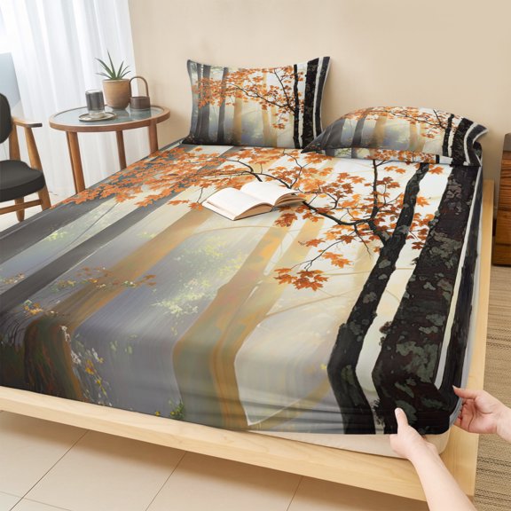 Cal.King Size Fitted Sheet Set - Orange Botanical Tree 3 Piece Bedding Sets 16" Deep Pocket Fitted Sheet with 2 Pillowcases, Farmhouse Forest Brushed Microfiber Hotel Luxury Bed Sheets