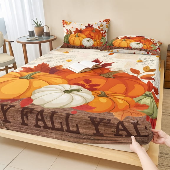 Cal.King Size Fitted Sheet Set - Orange Pumpkins Fall 3 Piece Bedding Sets 16" Deep Pocket Fitted Sheet with 2 Pillowcases, Thanksgiving Maple Leaf Autumn Retro Brushed Microfiber Hotel Bed Sheets