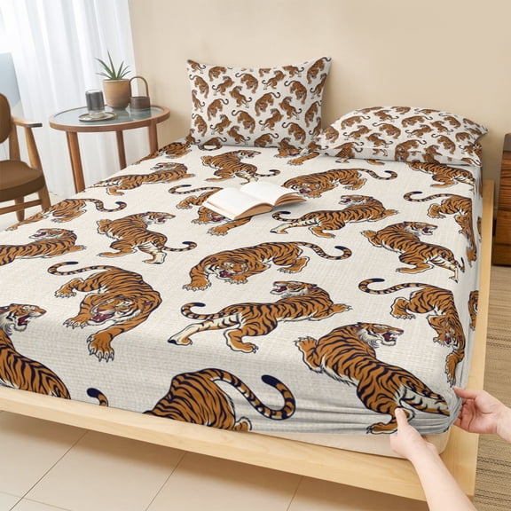 Cal.King Size Fitted Sheet Set - Orange Tiger 3 Piece Bedding Sets 16" Deep Pocket Fitted Sheet with 2 Pillowcases, Farmhouse Animals Brushed Microfiber Hotel Luxury Bed Sheets