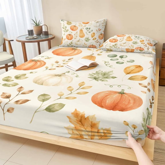 Cal.King Size Fitted Sheet Set - Orange White Pumpkin 3 Piece Bedding Sets 16" Deep Pocket Fitted Sheet with 2 Pillowcases, Fall Thanksgiving Maple Leaf Boho Brushed Microfiber Hotel Bed Sheets