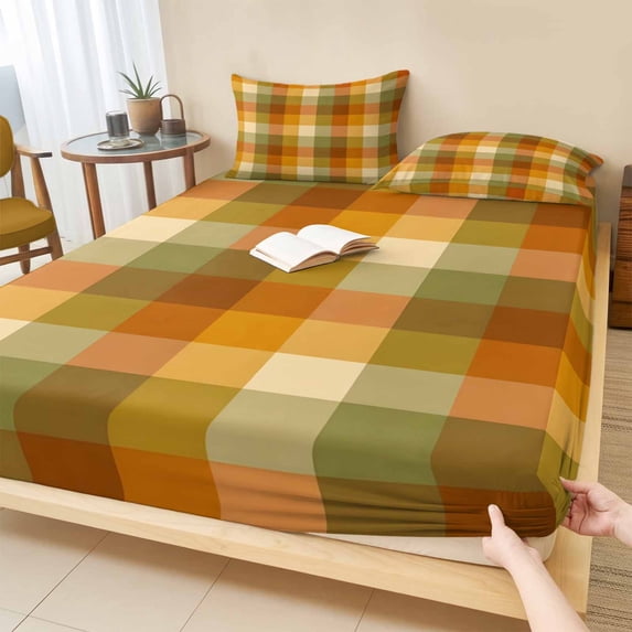 Cal.King Size Fitted Sheet Set - Orange Yellow Green Checkered 3 Piece Bedding Sets 16" Deep Pocket Fitted Sheet with 2 Pillowcases, Fall Gingham Plaid Brushed Microfiber Hotel Luxury Bed Sheets