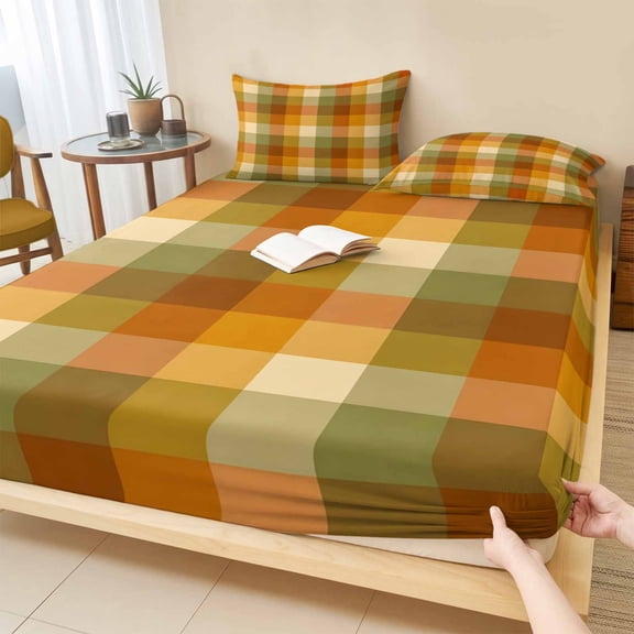 Cal.King Size Fitted Sheet Set - Orange Yellow Green Checkered 3 Piece Bedding Sets 16" Deep Pocket Fitted Sheet with 2 Pillowcases, Fall Gingham Plaid Brushed Microfiber Hotel Luxury Bed Sheets