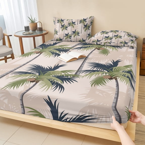 Cal.King Size Fitted Sheet Set - Palm Tree 3 Piece Bedding Sets 16" Deep Pocket Fitted Sheet with 2 Pillowcases, Tropical Coconut Botanical Summer Seaside Brushed Microfiber Hotel Luxury Bed Sheets