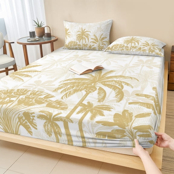 Cal.King Size Fitted Sheet Set - Palm Trees 3 Piece Bedding Sets 16" Deep Pocket Fitted Sheet with 2 Pillowcases, Yellow Tropical Plants Summer Forest Scenery Brushed Microfiber Hotel Bed Sheets