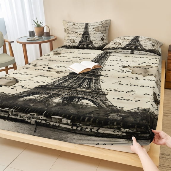 Cal.King Size Fitted Sheet Set - Paris Tower 3 Piece Bedding Sets 16" Deep Pocket Fitted Sheet with 2 Pillowcases, Vintage Words Beige Grey Brushed Microfiber Hotel Luxury Bed Sheets