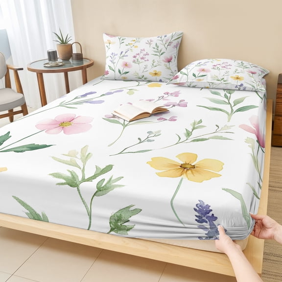Cal.King Size Fitted Sheet Set - Pastoral Floral 3 Piece Bedding Sets 16" Deep Pocket Fitted Sheet with 2 Pillowcases, Spring Summer Botanical Flowers Brushed Microfiber Hotel Luxury Bed Sheets
