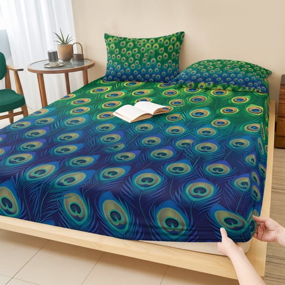 Cal.King Size Fitted Sheet Set - Peacock Feathers 3 Piece Bedding Sets 16" Deep Pocket Fitted Sheet with 2 Pillowcases, Ombre Blue Green Modern Animals Printed Brushed Microfiber Hotel Bed Sheets
