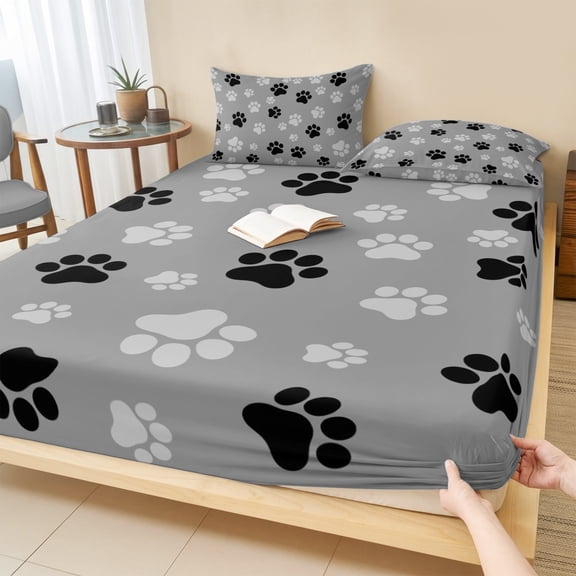 Cal.King Size Fitted Sheet Set - Pet Paw Printed 3 Piece Bedding Sets 16" Deep Pocket Fitted Sheet with 2 Pillowcases, Modern Black Grey Watercolor Dog Claws Brushed Microfiber Hotel Bed Sheets