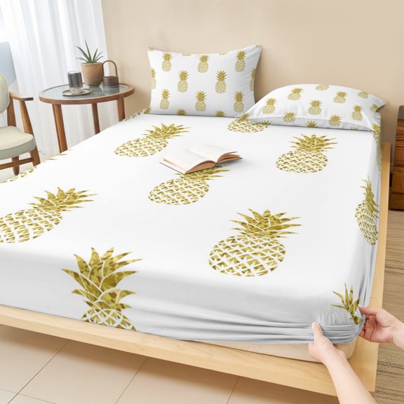 Cal.King Size Fitted Sheet Set - Pineapple 3 Piece Bedding Sets 16" Deep Pocket Fitted Sheet with 2 Pillowcases, Modern Abstract Yellow Fruits Textured Brushed Microfiber Hotel Luxury Bed Sheets