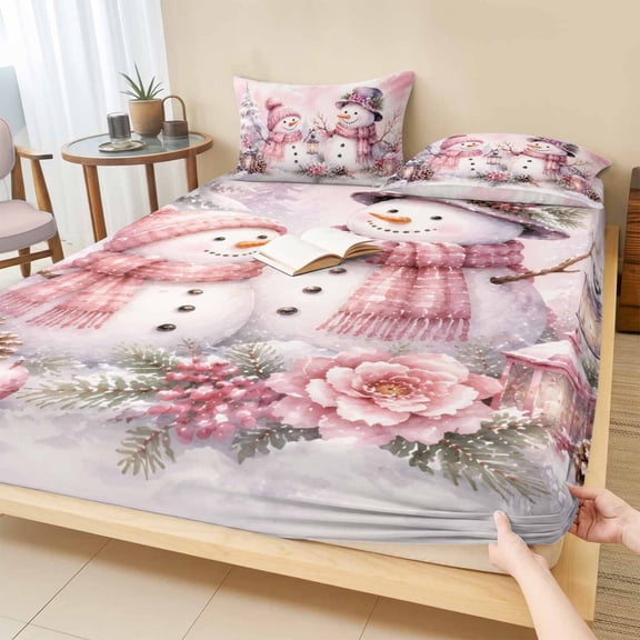 Cal.King Size Fitted Sheet Set - Pink Christmas 3 Piece Bedding Sets 16" Deep Pocket Fitted Sheet with 2 Pillowcases, Xmas Snowman Pine Trees Cones Floral Boho Brushed Microfiber Hotel Bed Sheets