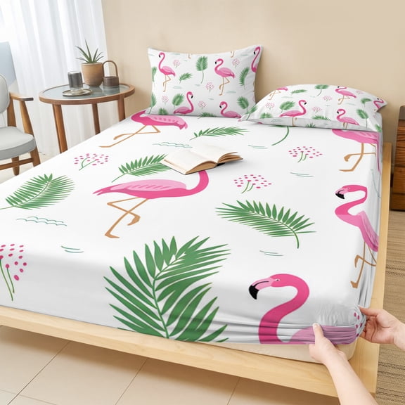 Cal.King Size Fitted Sheet Set - Pink Flamingos 3 Piece Bedding Sets 16" Deep Pocket Fitted Sheet with 2 Pillowcases, Summer Green Tropical Palm Leaves Brushed Microfiber Hotel Luxury Bed Sheets