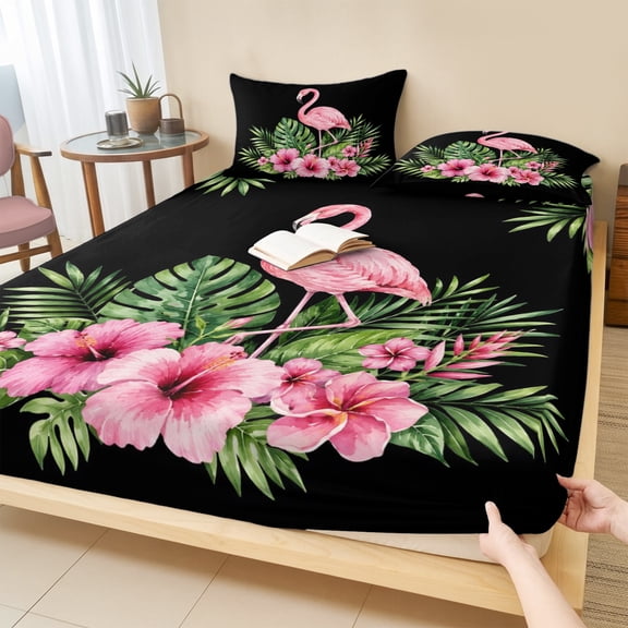 Cal.King Size Fitted Sheet Set - Pink Floral Flamingos 3 Piece Bedding Sets 16" Deep Pocket Fitted Sheet with 2 Pillowcases, Summer Botanical Black Tropical Brushed Microfiber Hotel Luxury Bed Sheets